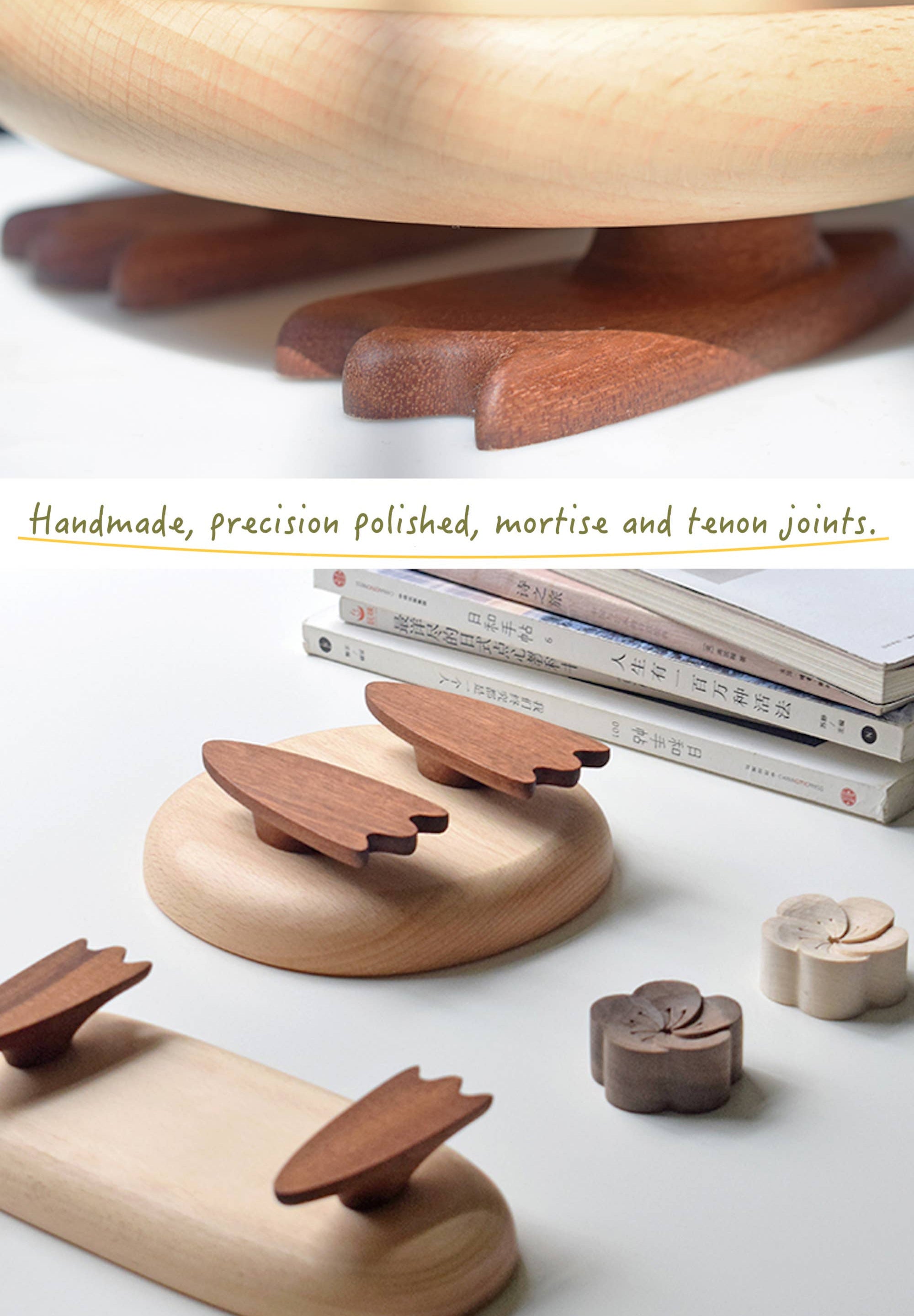 Wooden upside down trays on a white surface with text about craftsmanship.