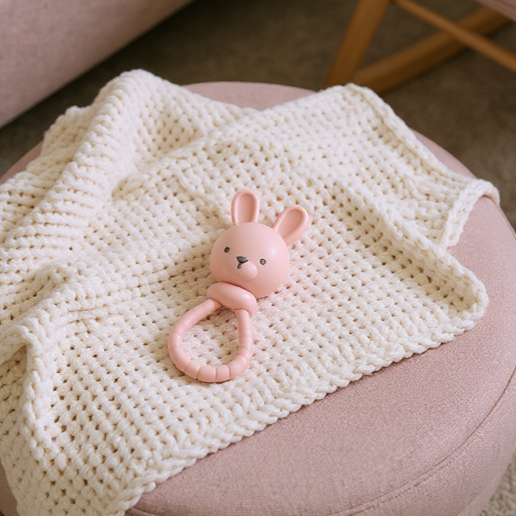 Pink bunny-shaped teething ring on a white knitted blanket