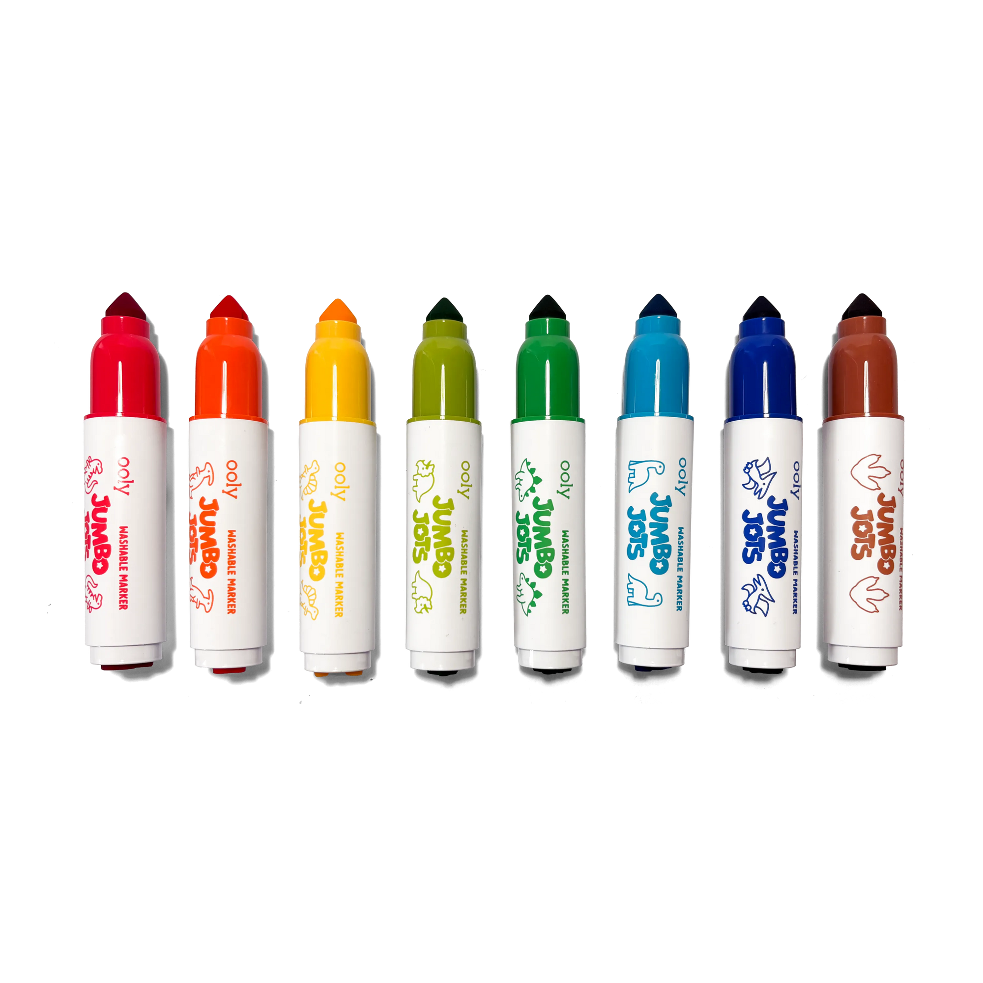 Set of eight colorful markers with white bodies and colored caps on a white background