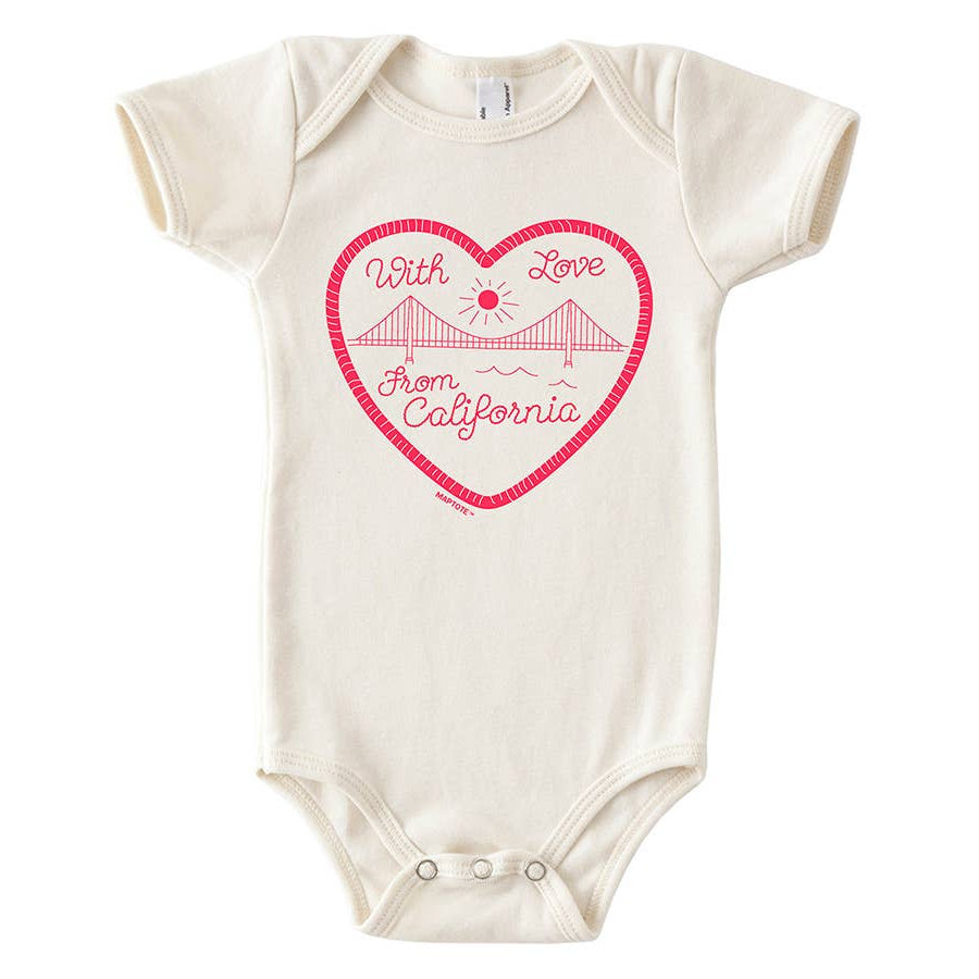 Baby onesie with a heart design and text on a white background