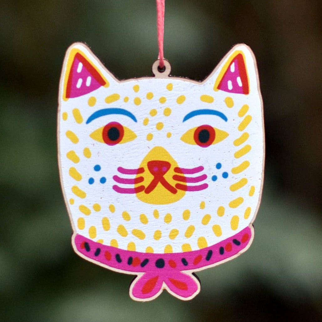 Cat Wearing Ribbon Printed Wooden Decoration - Louise Lockhart