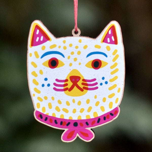 Cat Wearing Ribbon Printed Wooden Decoration
