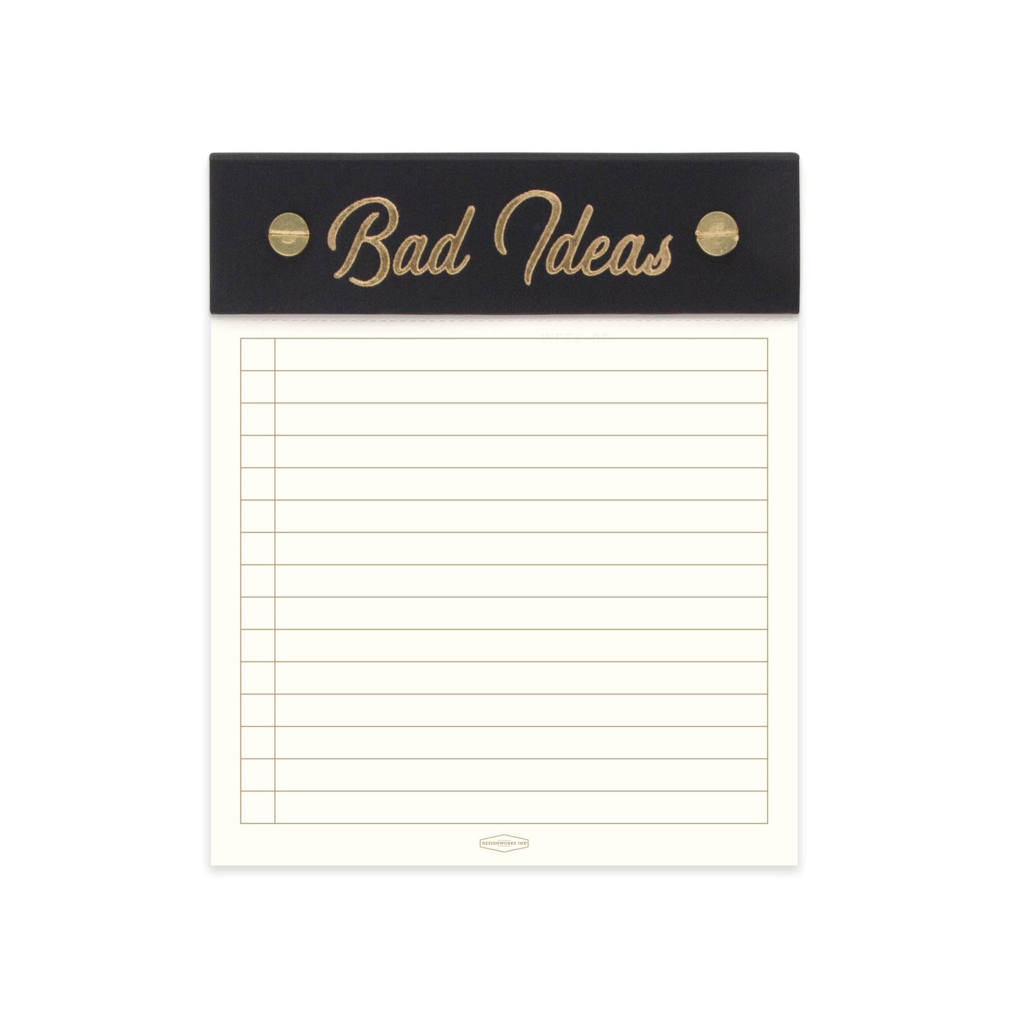 Notepad with 'Bad Ideas' on the cover on a white background