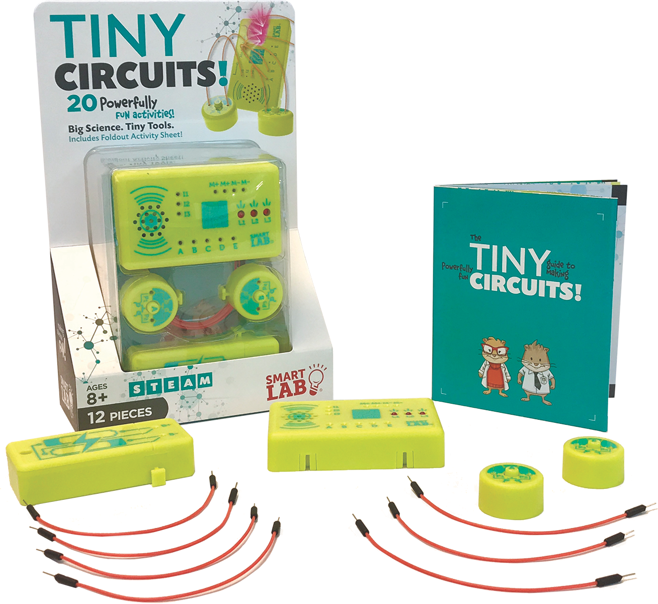 Science kit for children with 'Tiny Circuits!' branding, including components and packaging.