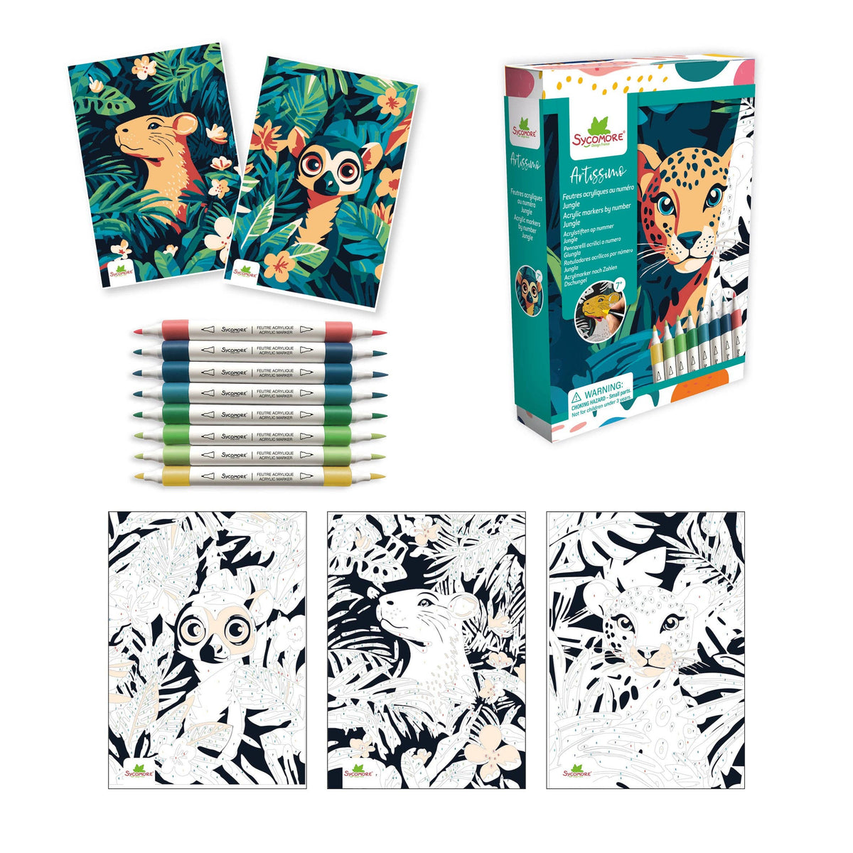 Coloring book set with animal-themed pages and markers on a white background