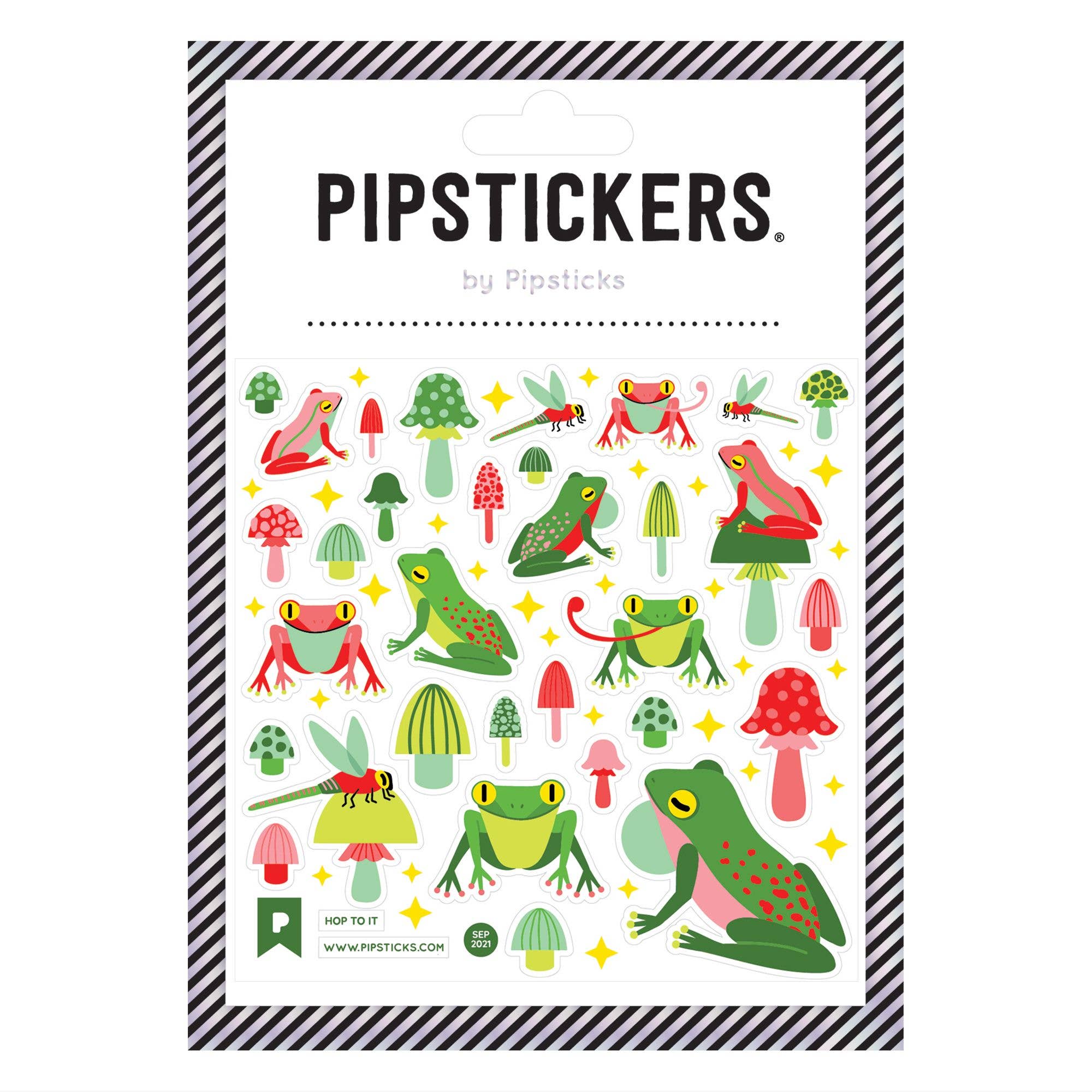 Packaging of Pipstickers with colorful frog and mushroom designs on a white background.