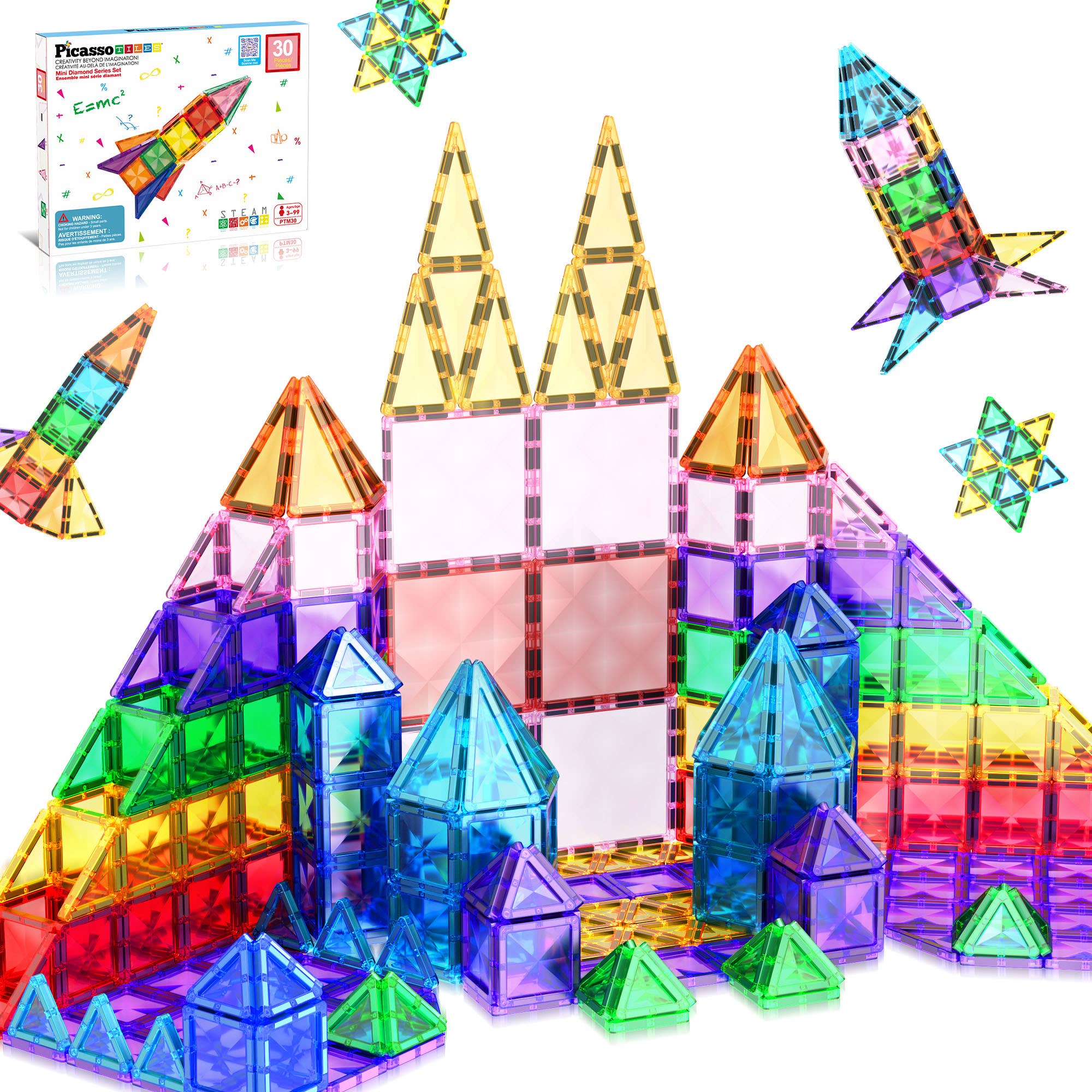 Colorful magnetic building blocks set with geometric shapes on a white background