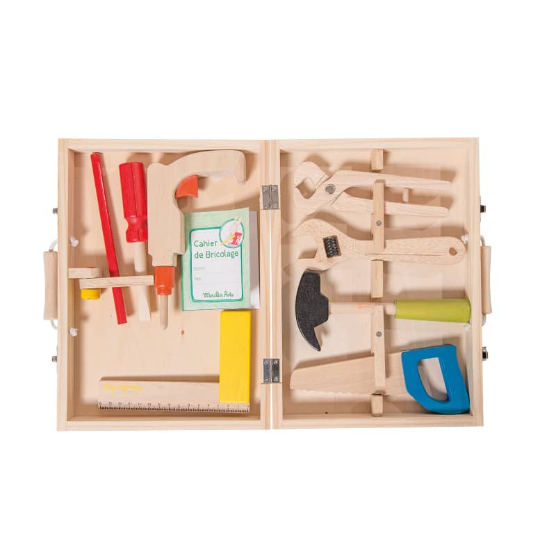Wooden toy tool set with various tools in a box on a white background