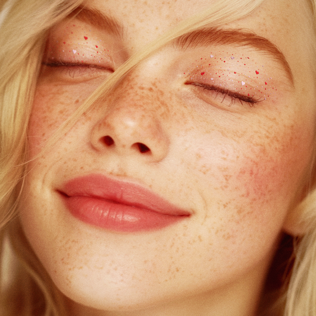Close-up of a person with freckles and closed eyes, with a soft focus on the background.