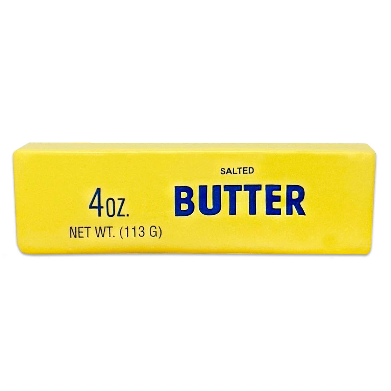 Yellow bar of butter with blue text on a white background