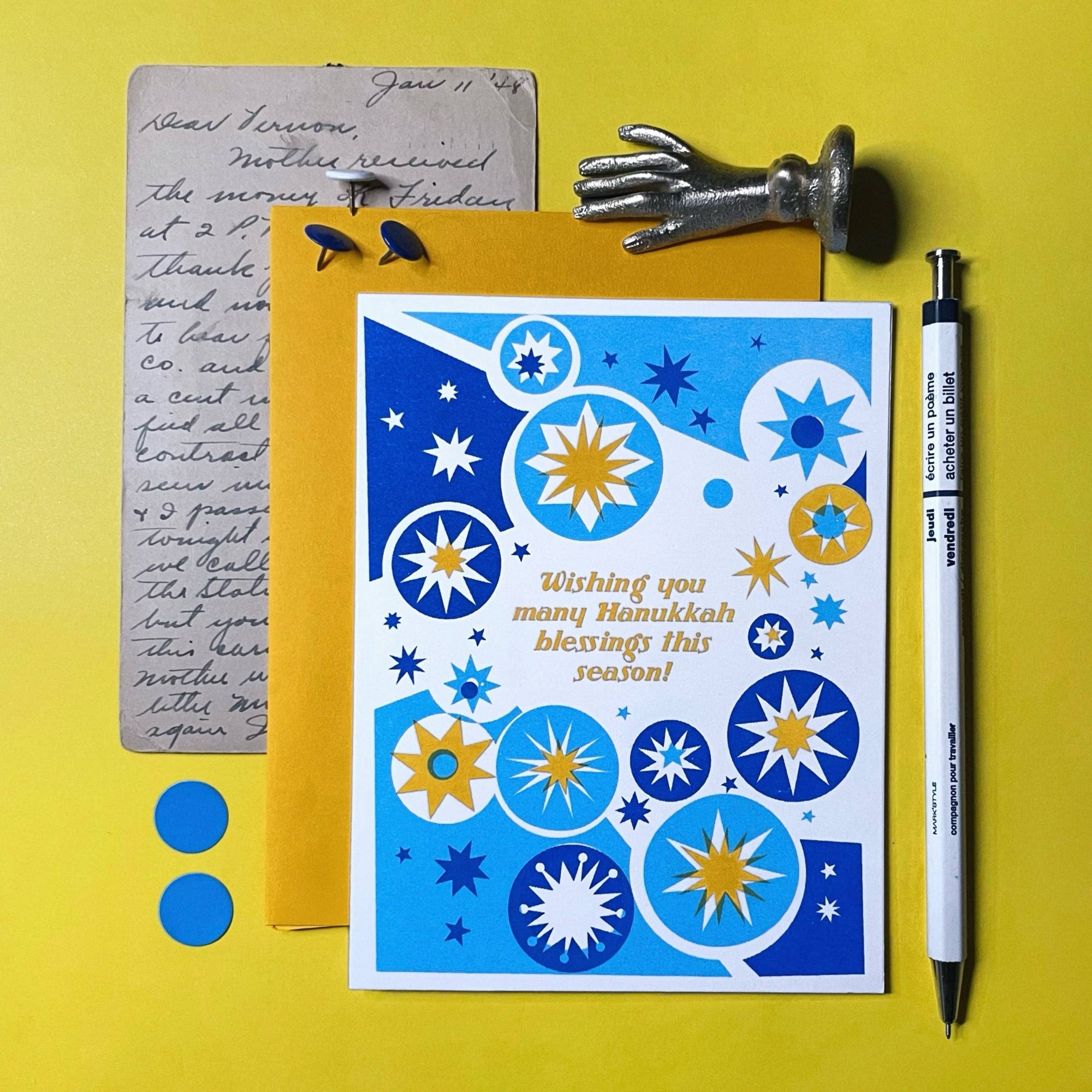 Hanukkah Blessings - Jewish  Risograph Holiday Card 