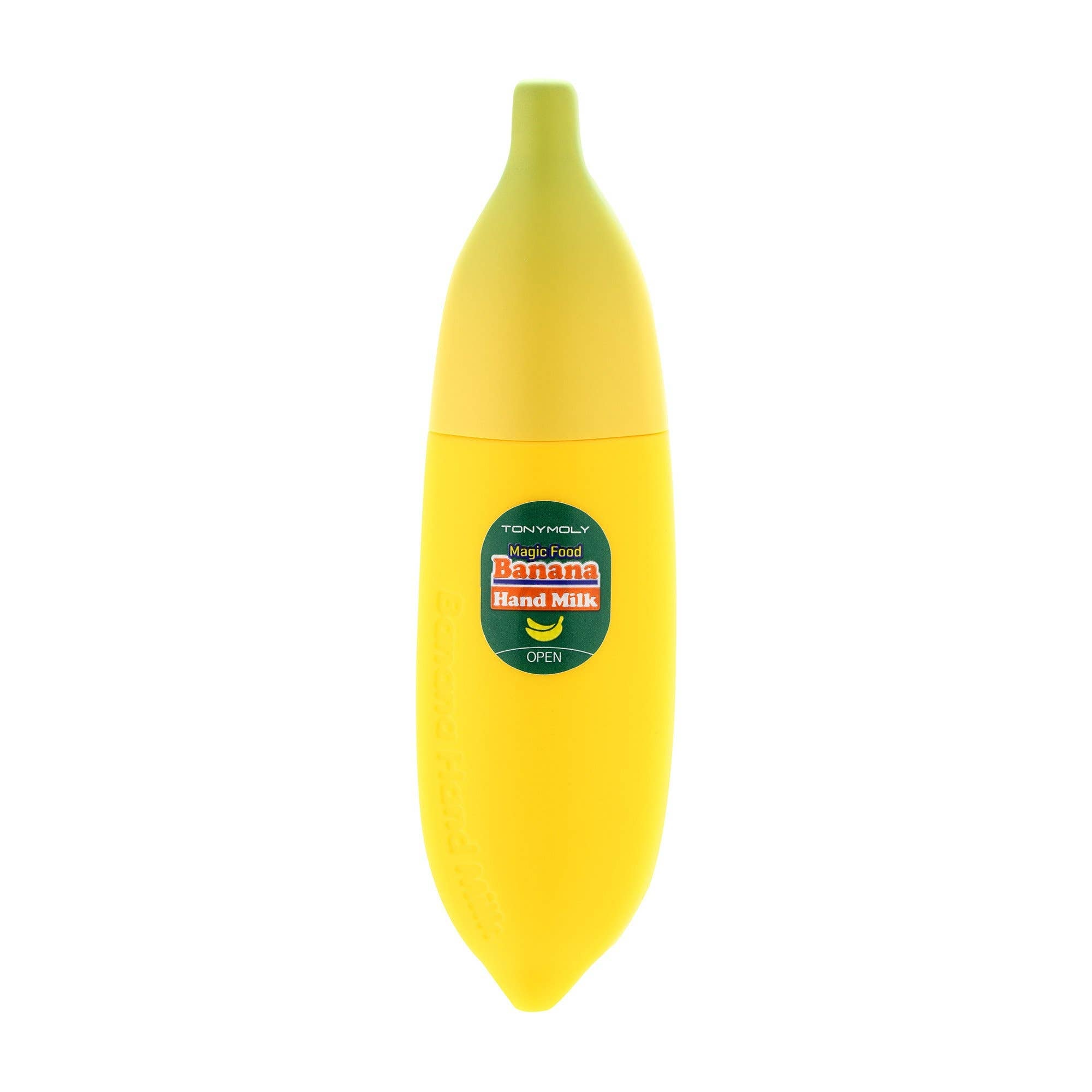 Yellow bottle shaped like a banana with a label on a white background
