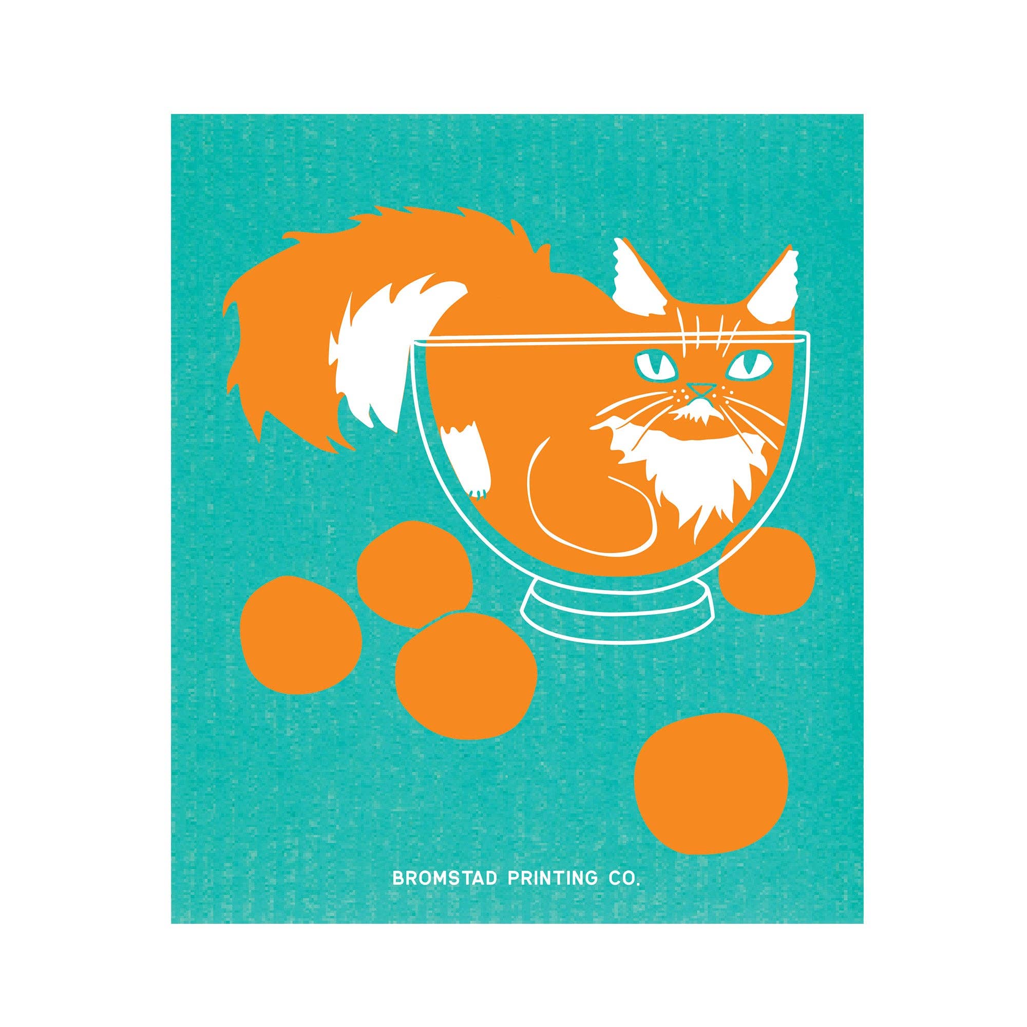 Illustration of a cat looking into a mirror with orange balls on a teal background, featuring Bromstad Printing Co. branding.
