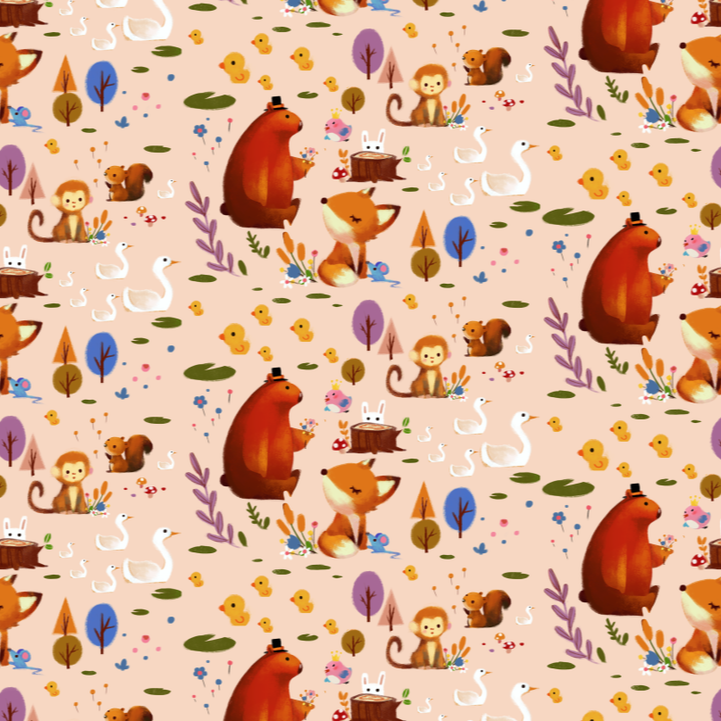 Pattern of cartoon animals on a pink background