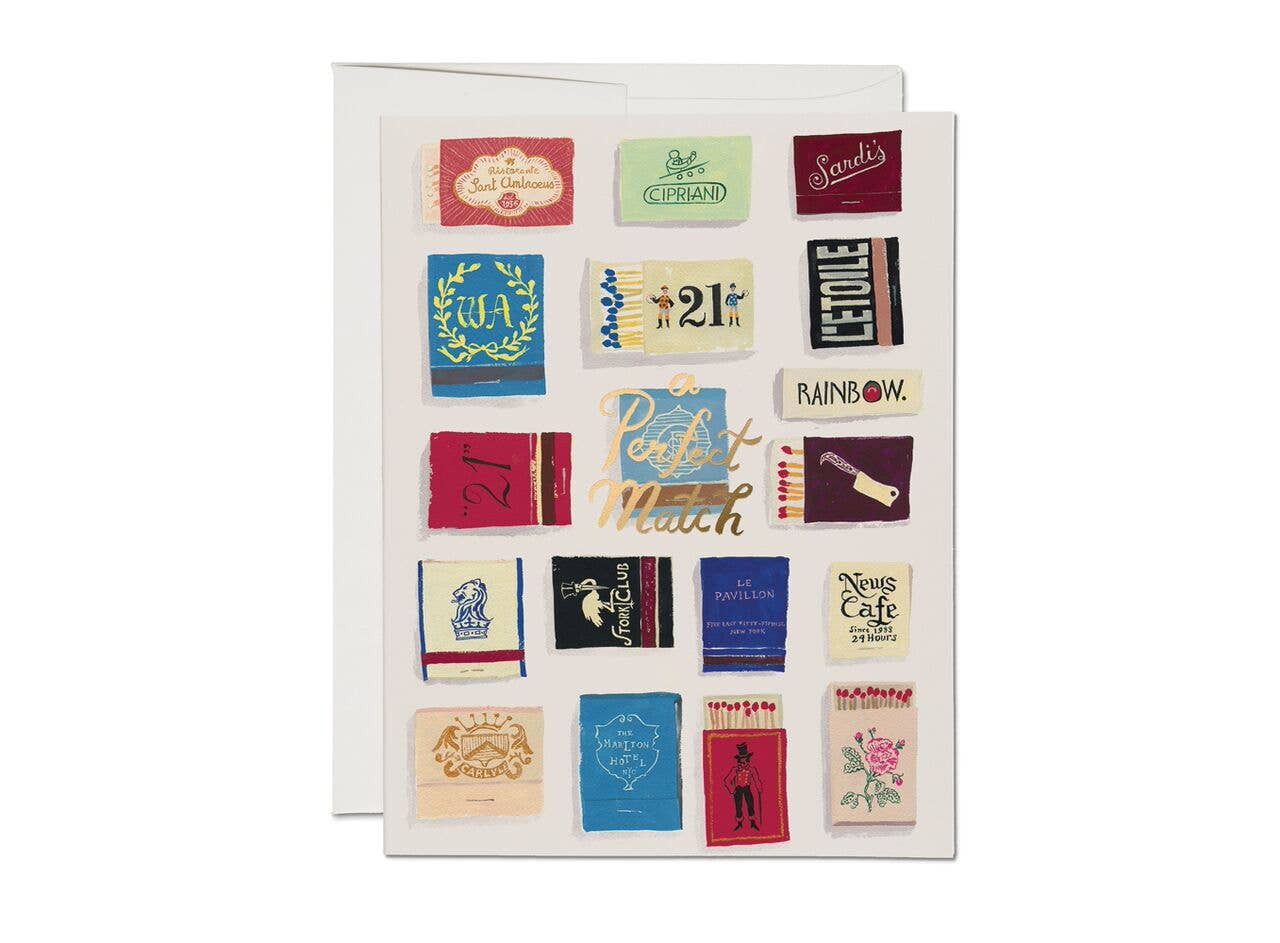 Set of matchbook-style cards with various designs on a white background
