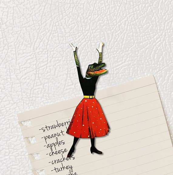 Frog character in a dress standing on lined paper with a textured white background