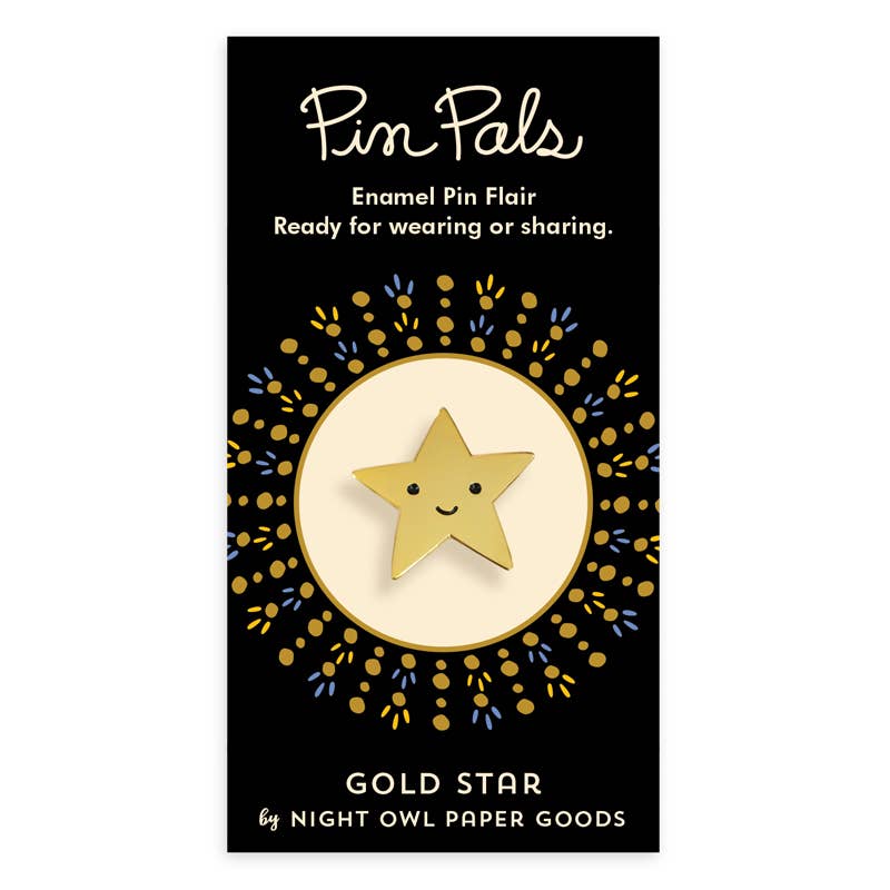 Gold star pin on a black card with 'Pim Pals' branding