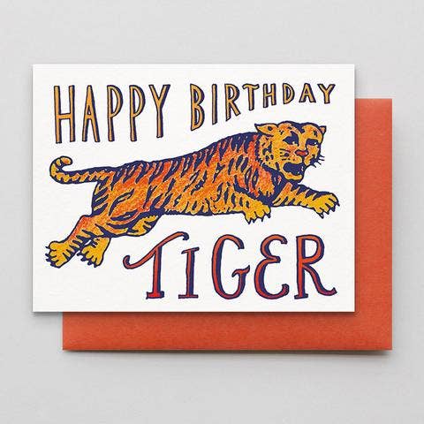 Birthday card with a tiger illustration and 'Happy Birthday Tiger' text on a white background.