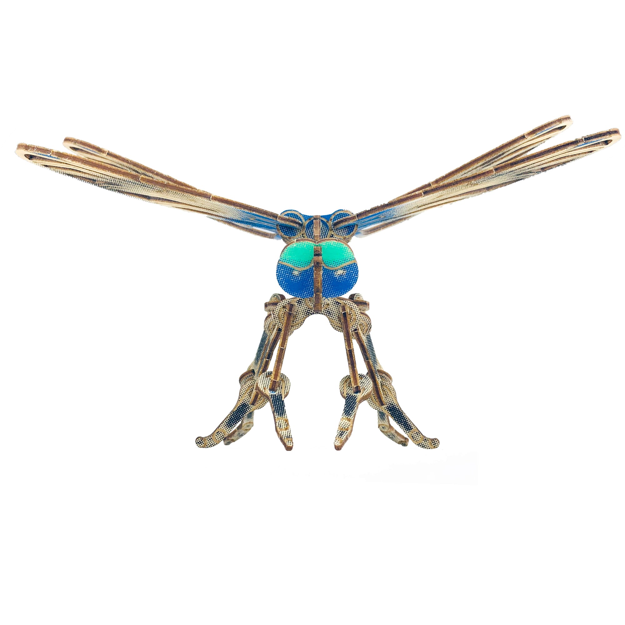 Decorative insect brooch with gold wings and blue body on a white background