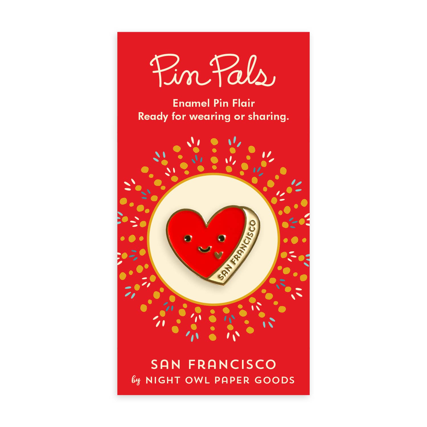 Red packaging for a heart-shaped enamel pin with 'San Francisco' text, featuring 'Pin Pals' branding.