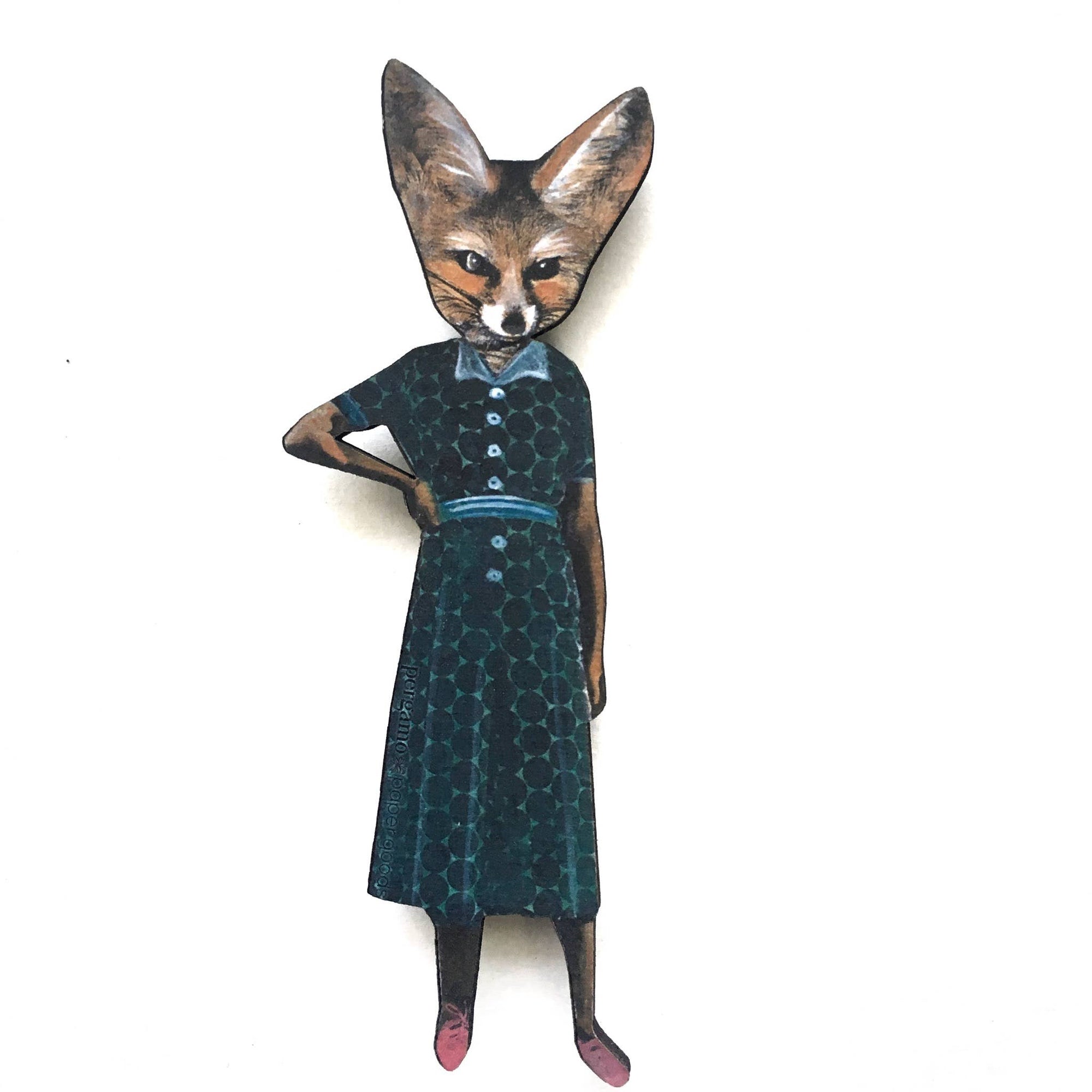 Fox figure wearing a dark green dress with buttons on a white background