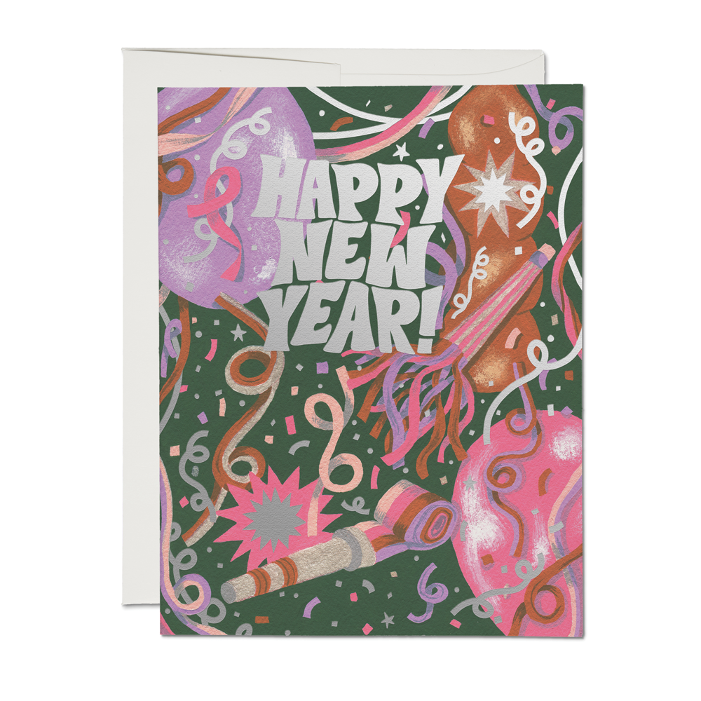 New Year's card with colorful design and 'Happy New Year!' text on a white background