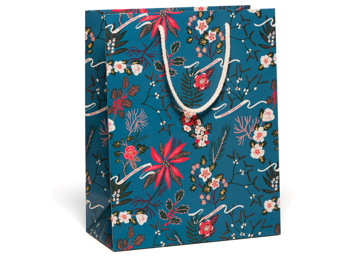 Blue Poinsettia Holiday Christmas gift bag -lg