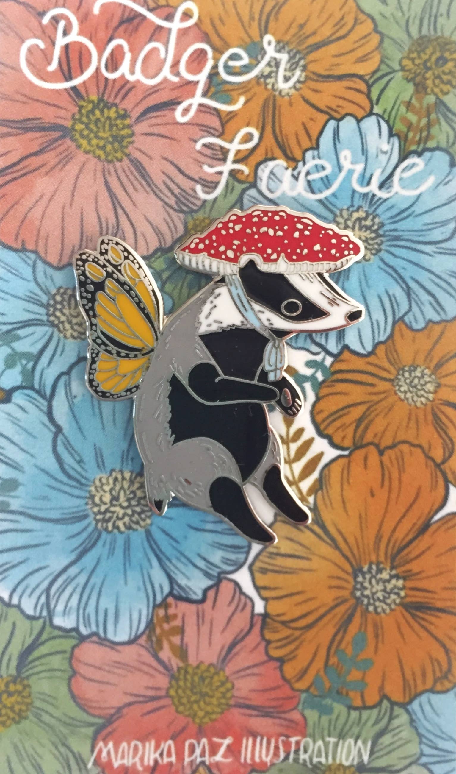 Illustration of a badger with a mushroom on flowers, with 'Badger Faerie' text and 'Marika Paz Illustration' credit.