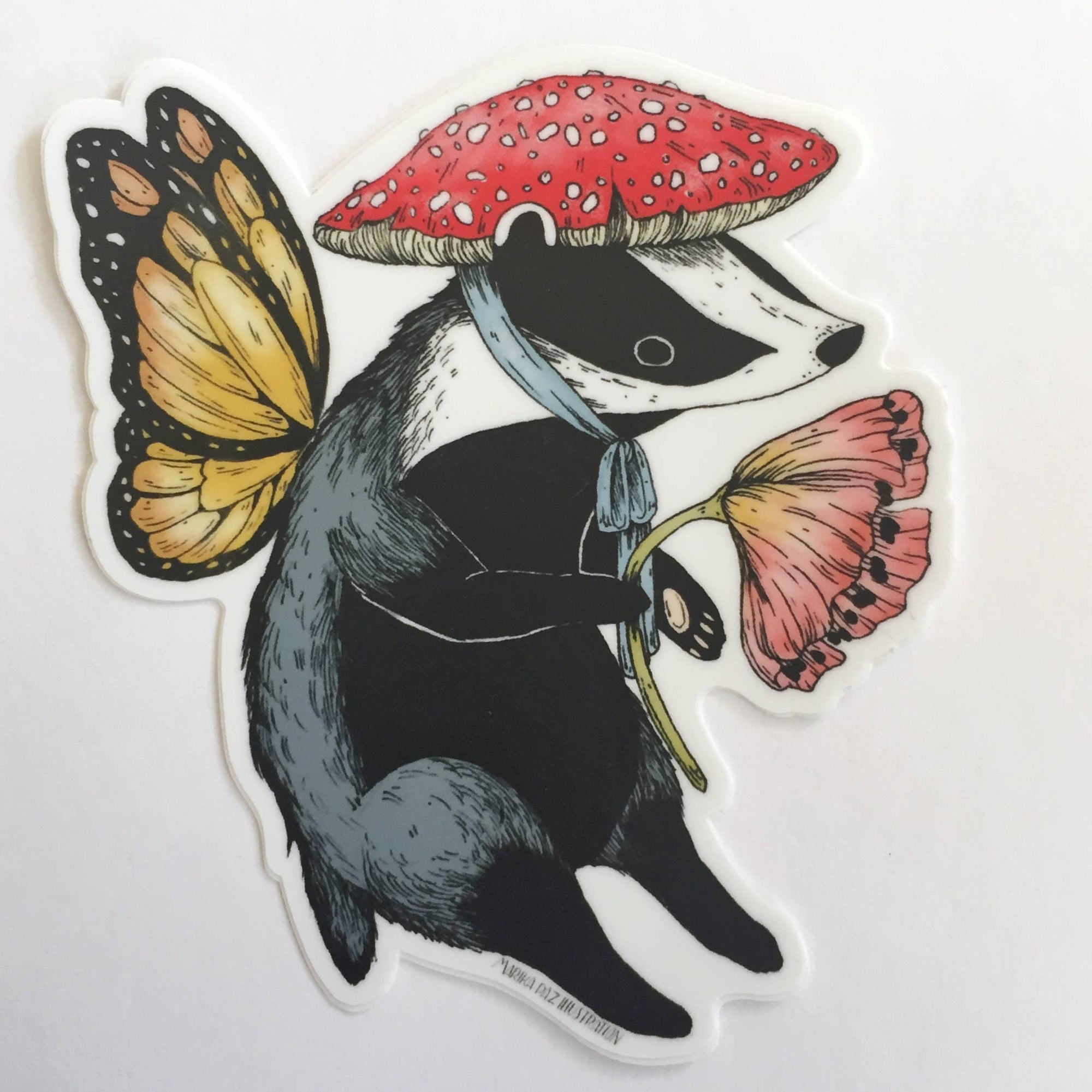 Illustration of a badger with butterfly wings and a mushroom hat on a white background