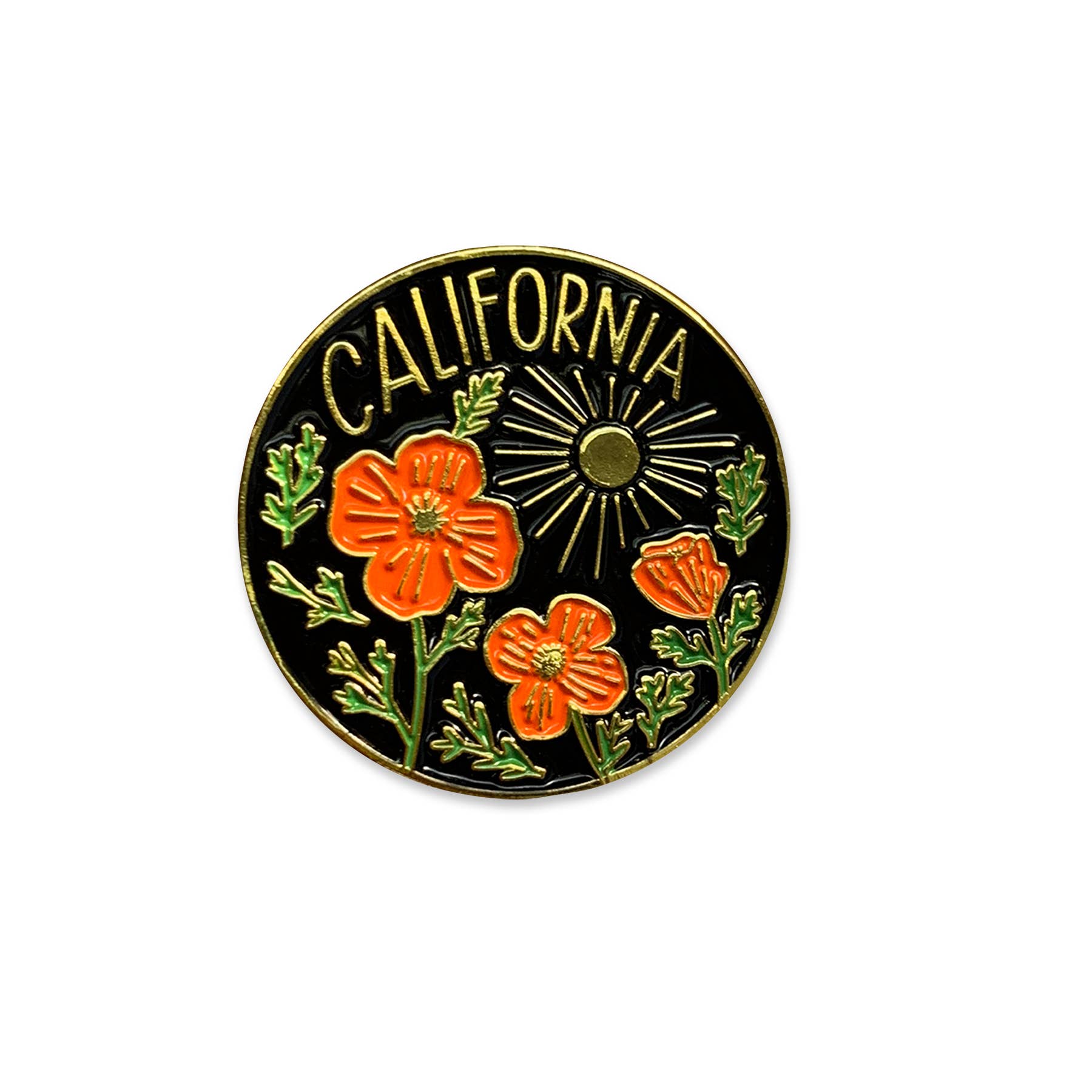 Round enamel pin with orange flowers and 'California' text on a black background