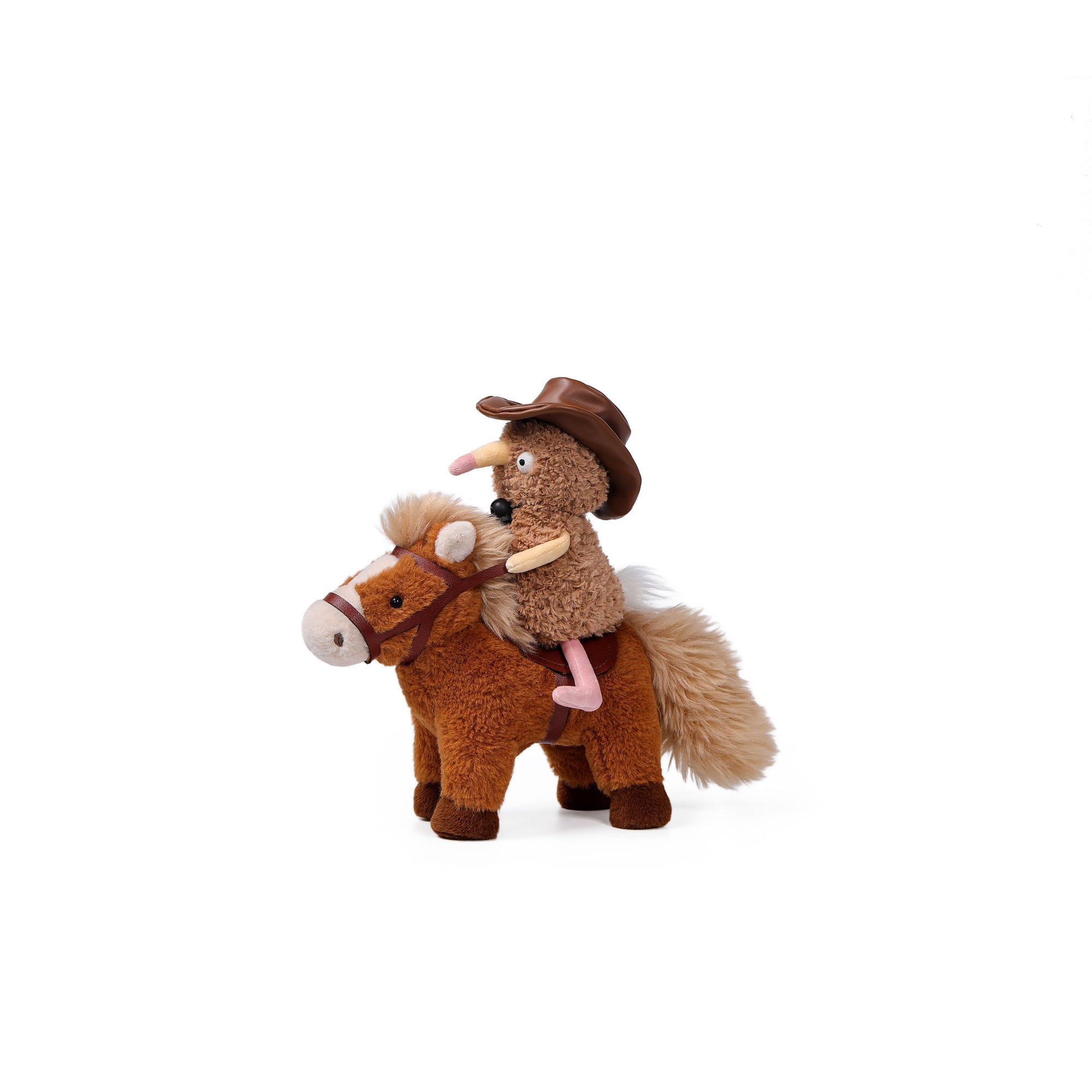 A plush toy of a cowboy riding a small brown horse, photographed against a solid white background.