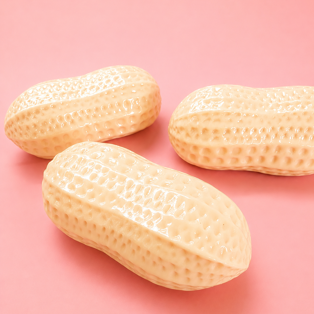 Three peanuts on a pink background