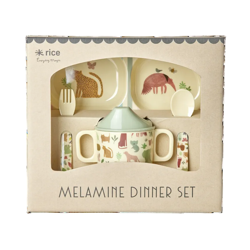 Melamine dinner set in packaging with 'rice' branding on a white background