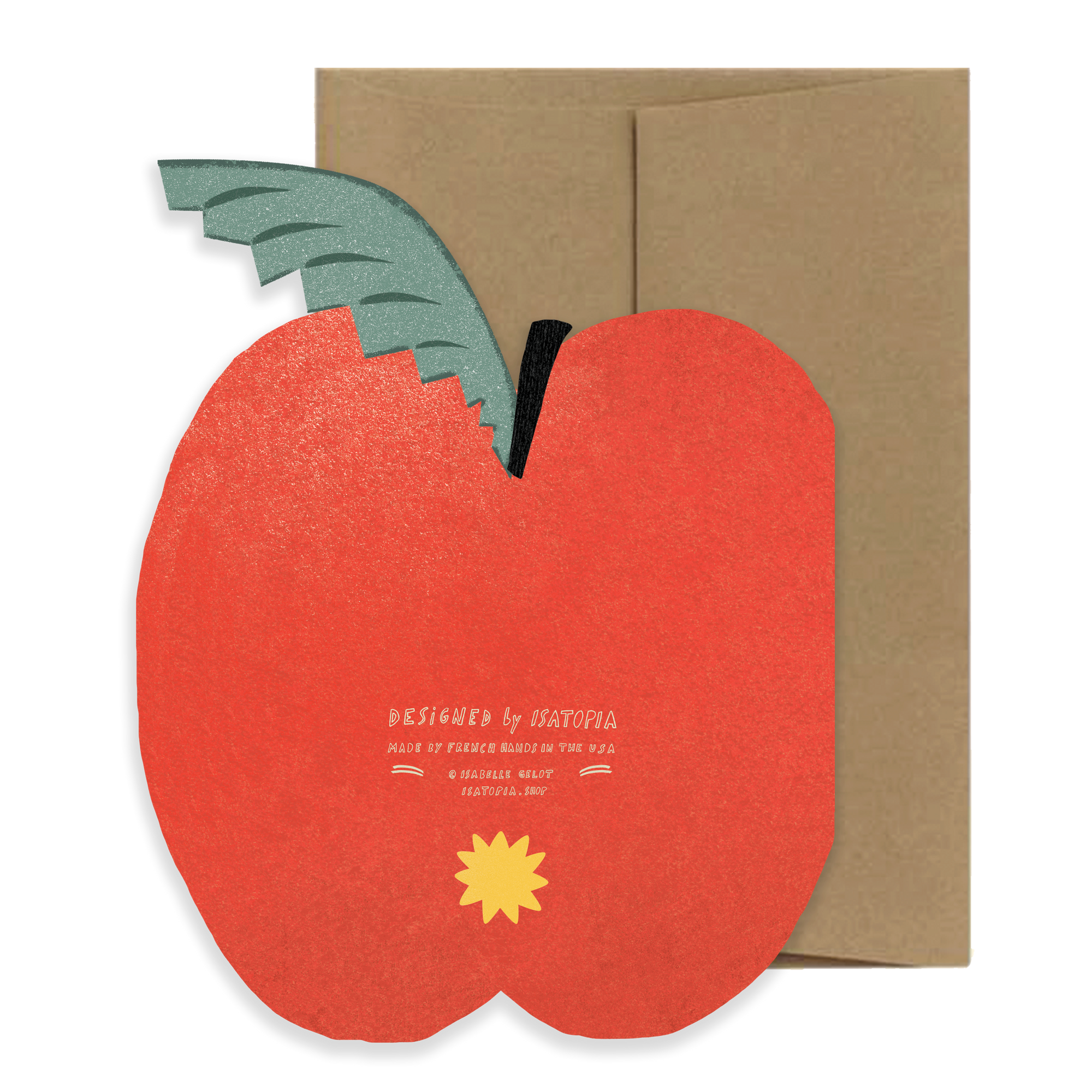 Red apple-shaped card with a green leaf on a brown envelope