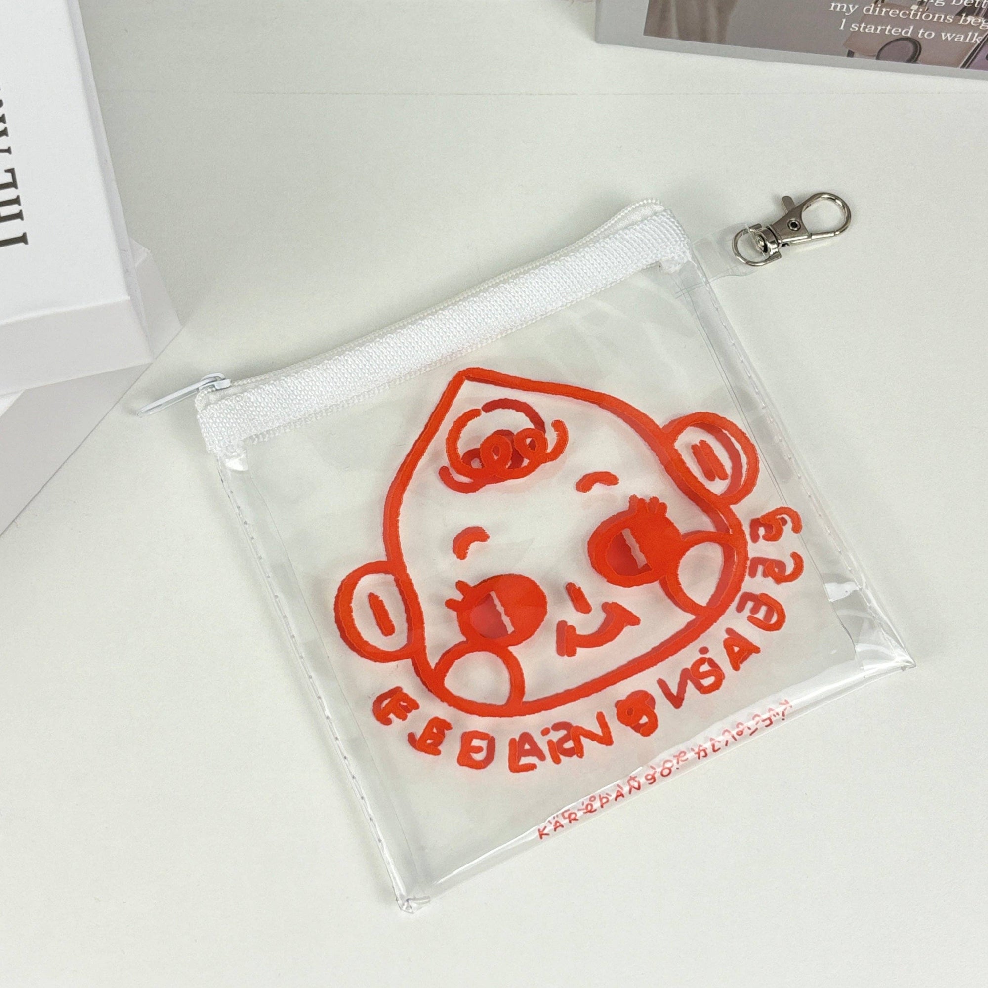 Clear pouch with red cartoon character design on a white background