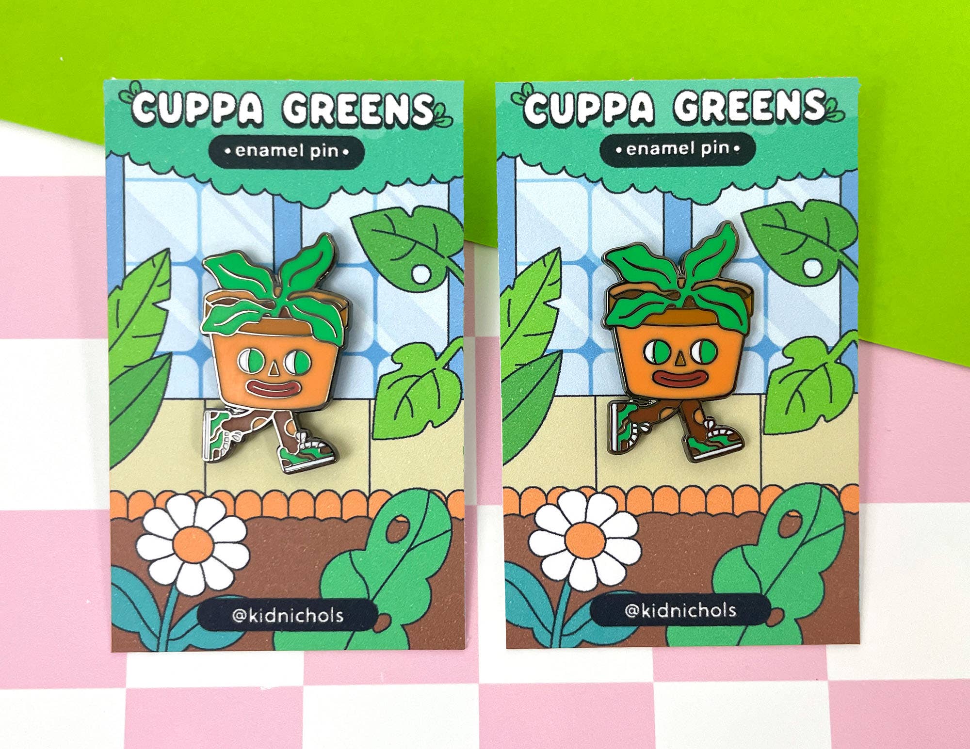 Two packaging designs for 'Cuppa Greens' enamel pins with a cartoon plant character on a checkered background.