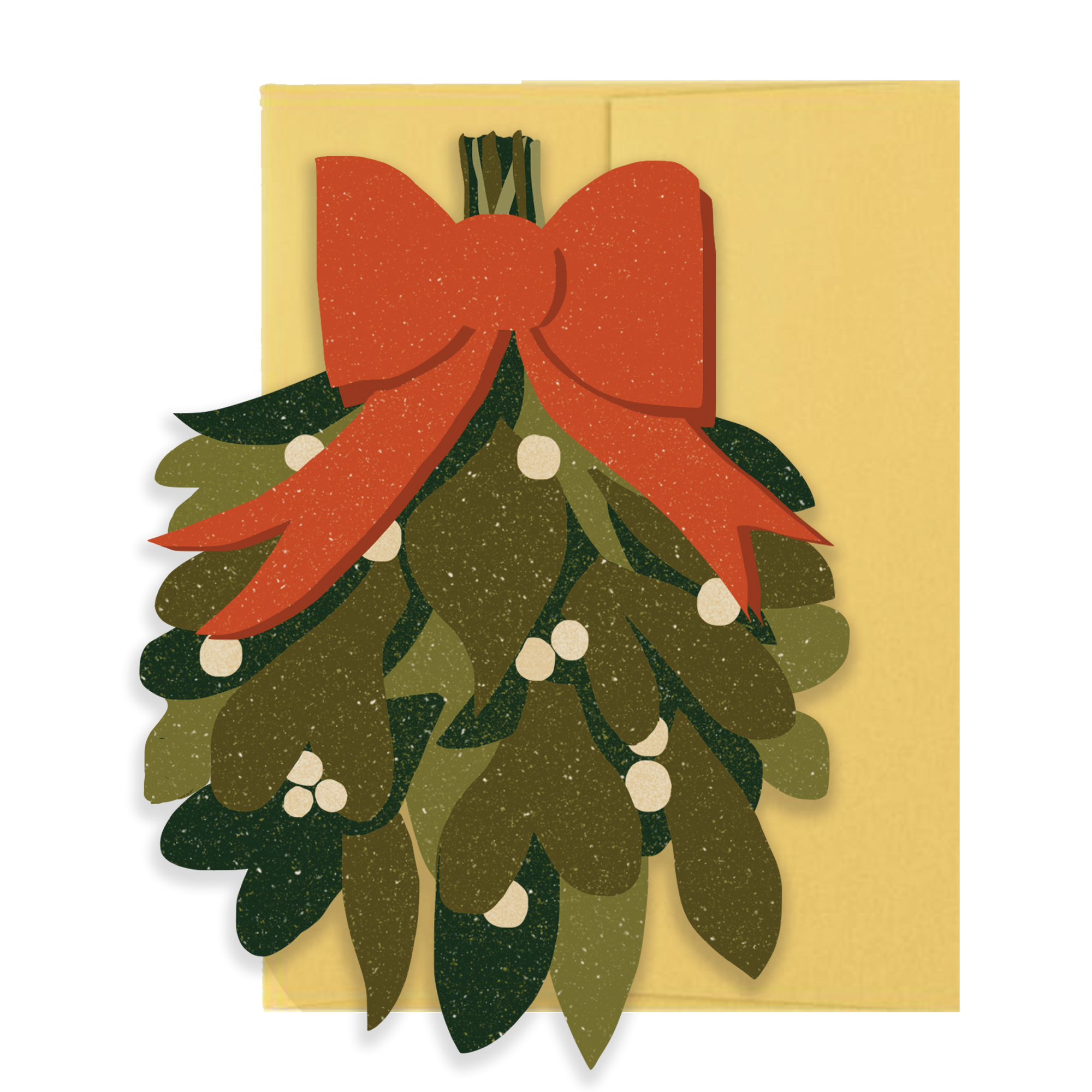 Christmas card with mistletoe and red bow on a yellow background