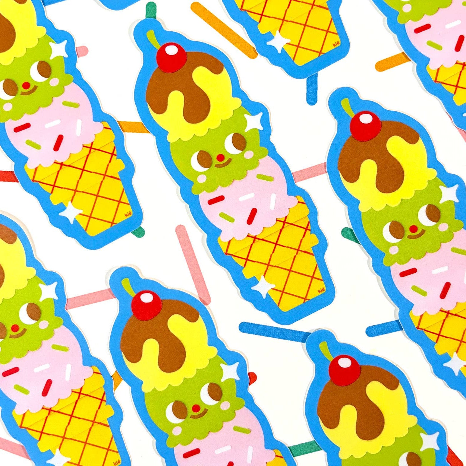 Colorful ice cream cone illustrations with faces on a white background