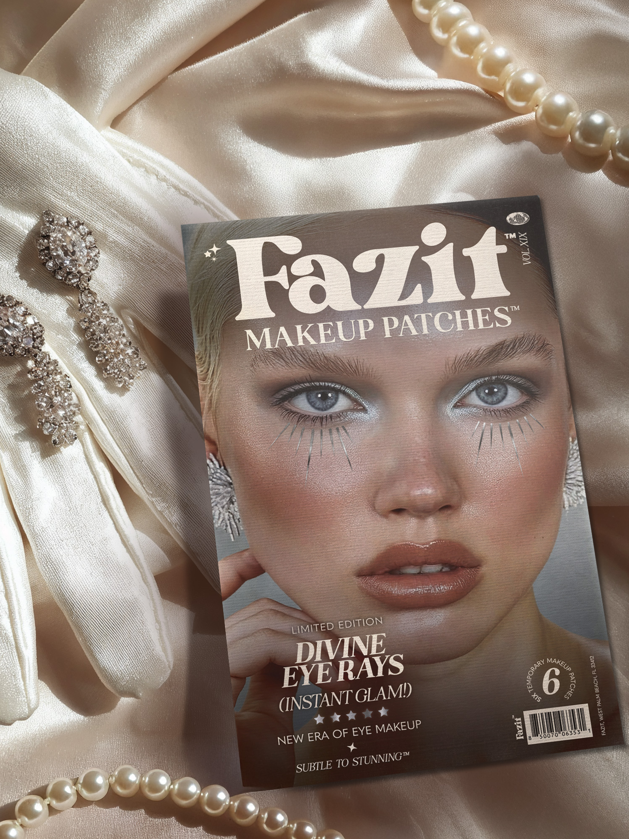 Fazit makeup patches packaging with a model's face on a satin background