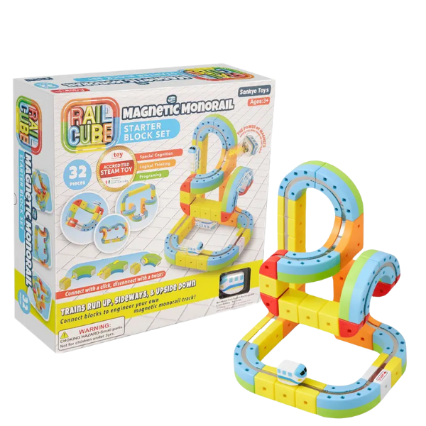 Magnetic monorail starter block set with packaging on a white background