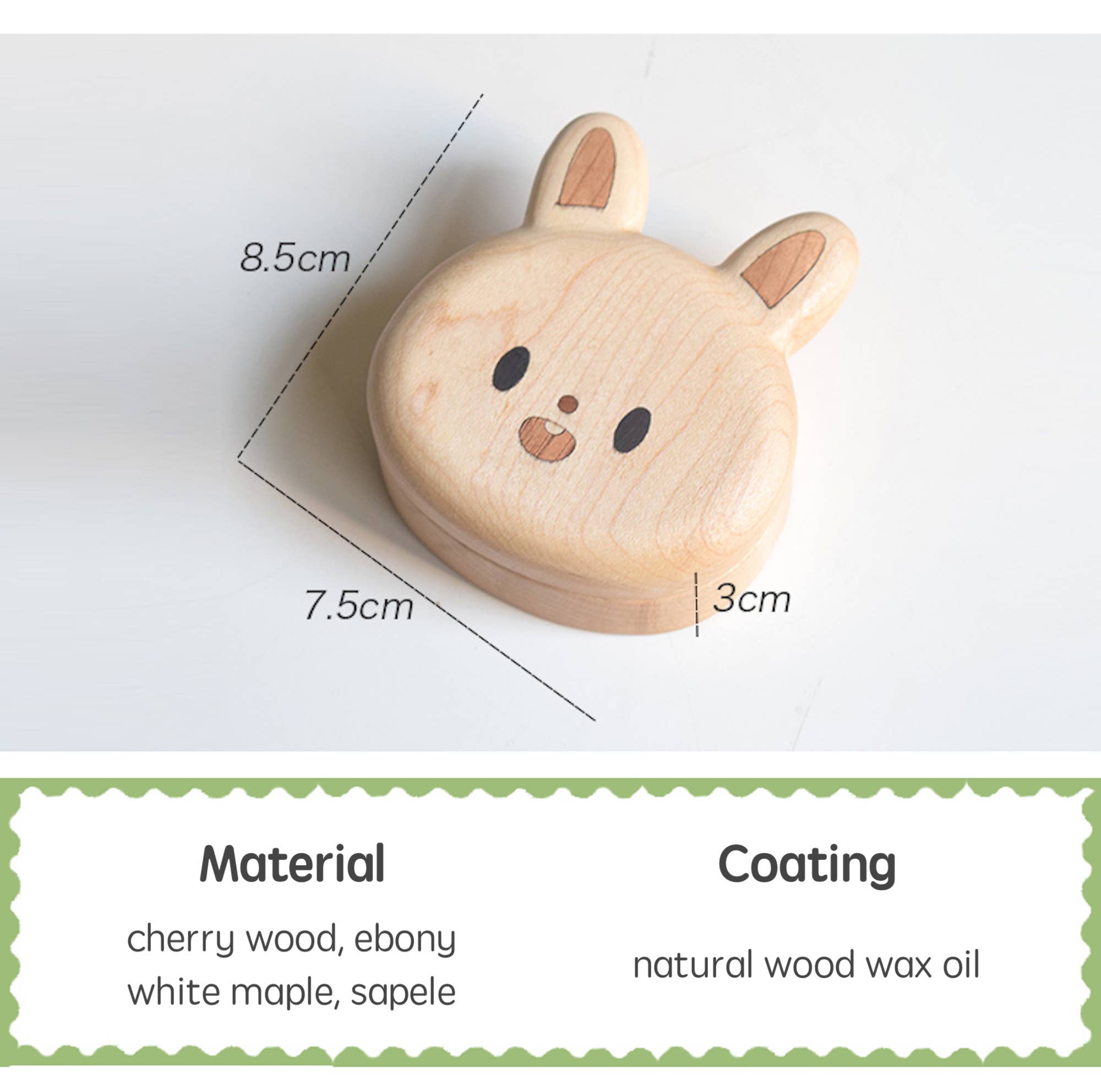 Wooden product with measurements and material/coating information on a white background