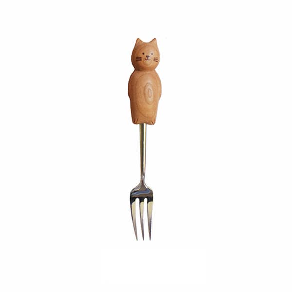 Wooden-handled fork with cat design on a white background