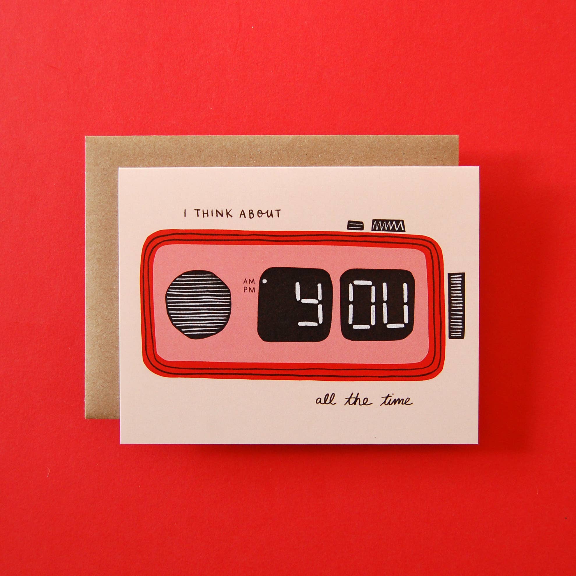 Greeting card with digital clock design on a red background
