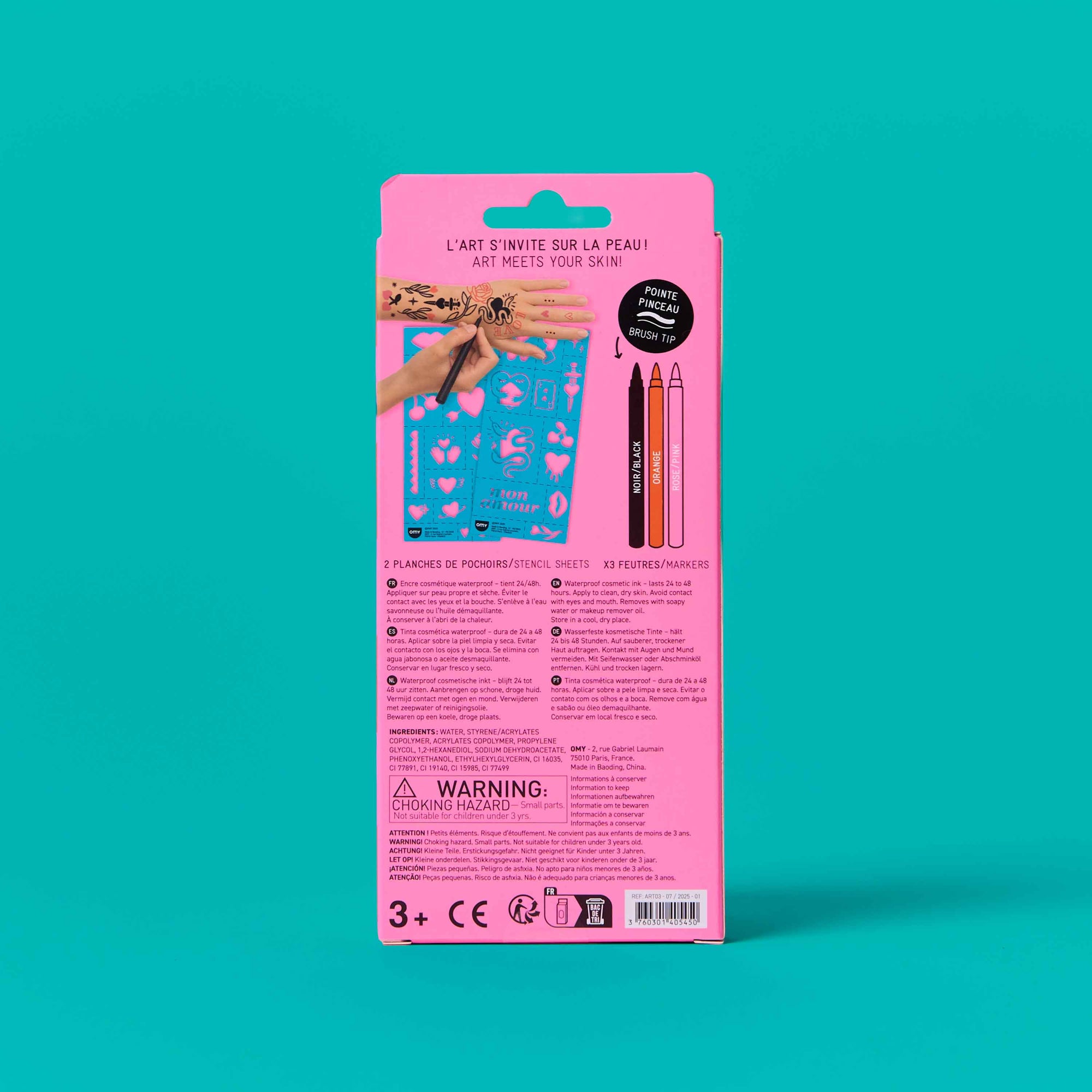 Pink packaging of a product with text and images on a teal background