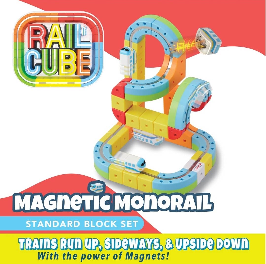 Colorful magnetic monorail set with 'Rail Cube' branding on a red and white background