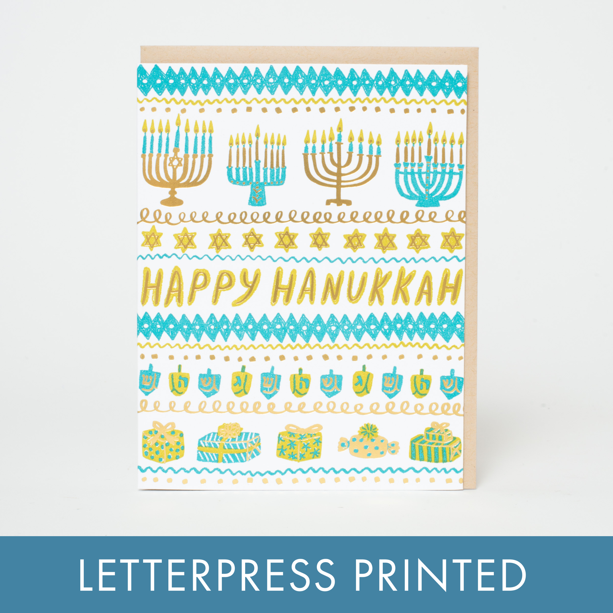 Hanukkah-themed greeting card with colorful designs and 'Happy Hanukkah' text on a white background.