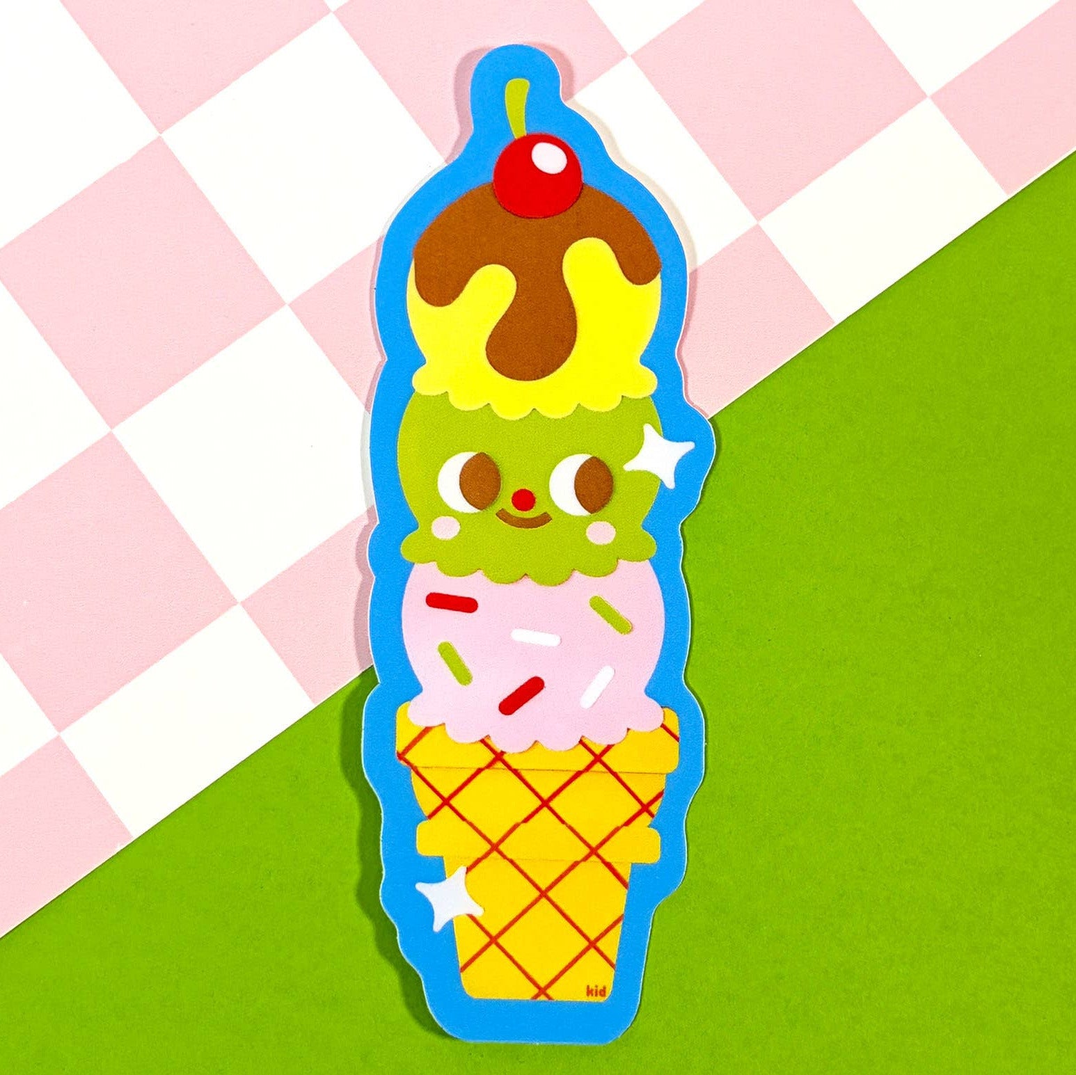 Colorful ice cream cone-shaped character on a checkered background