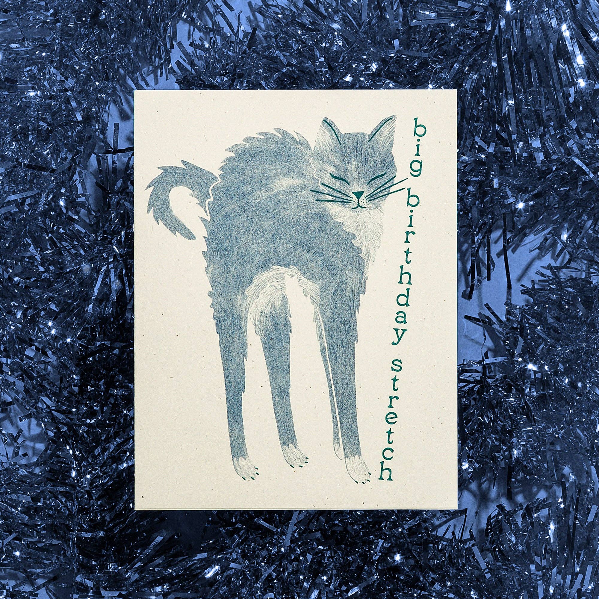 Card with a cat illustration and 'big birthday stretch' text on a blue tinsel background