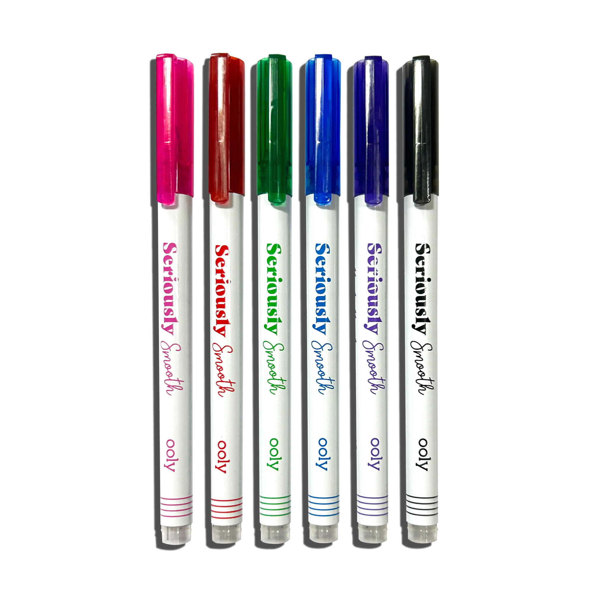 Set of six colorful markers with 'Seriously Smooth' text on a white background