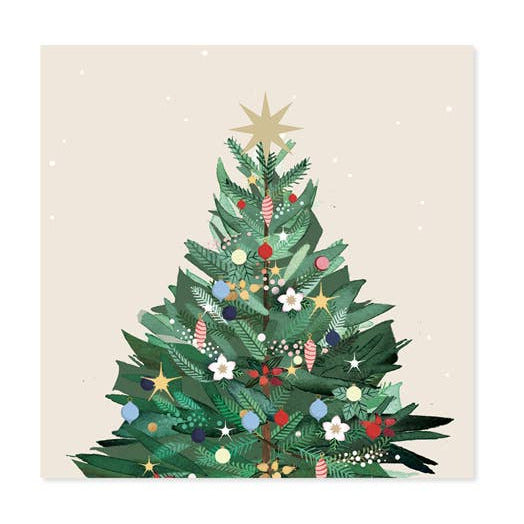 Decorative Christmas tree card with a star on a beige background